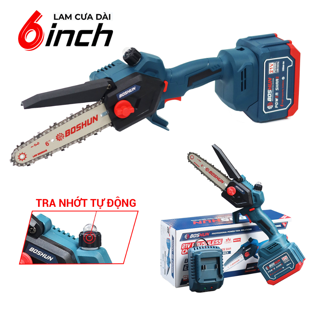 M&aacute;y Cưa X&iacute;ch Pin MINI BOSSUN BS-CS06BLC  Động Cơ BRUSHLESS Bơm Nhớt Tự Động Hot