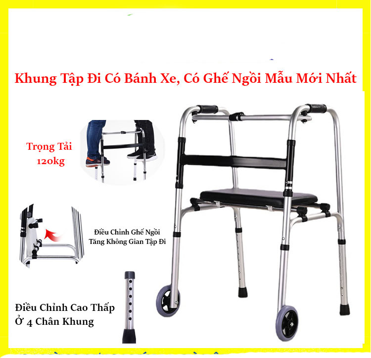 Khung Tập Đi Cho người Gi&agrave; C&oacute; B&aacute;nh Xe C&oacute; Ghế Ngồi H&agrave;ng Nhập Khẩu Cao Cấp