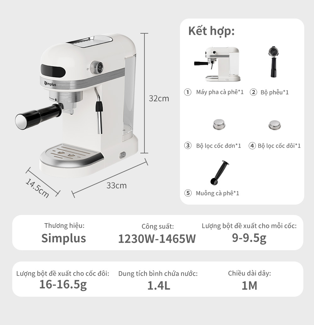 Máy pha cà phê Simplus KFJH007 Đánh bọt sữa 20Bar Dung tích 1.4L   Cao Cấp