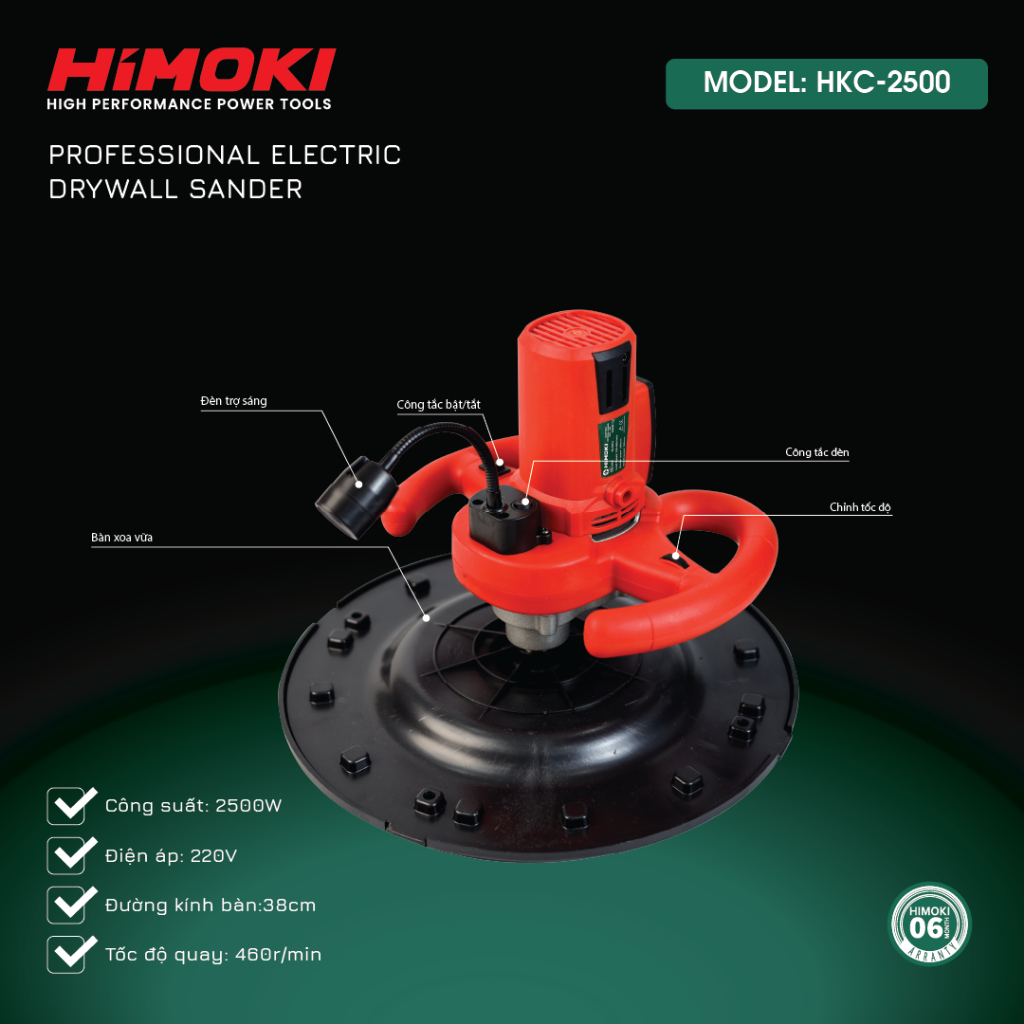Máy xoa vữa trát tường HIMOKI HKC - 2500 công suất 2500w Hai tay cầm có dèn led xoay 360 độ 6 cấp độ chỉnh lực Cao Cấp