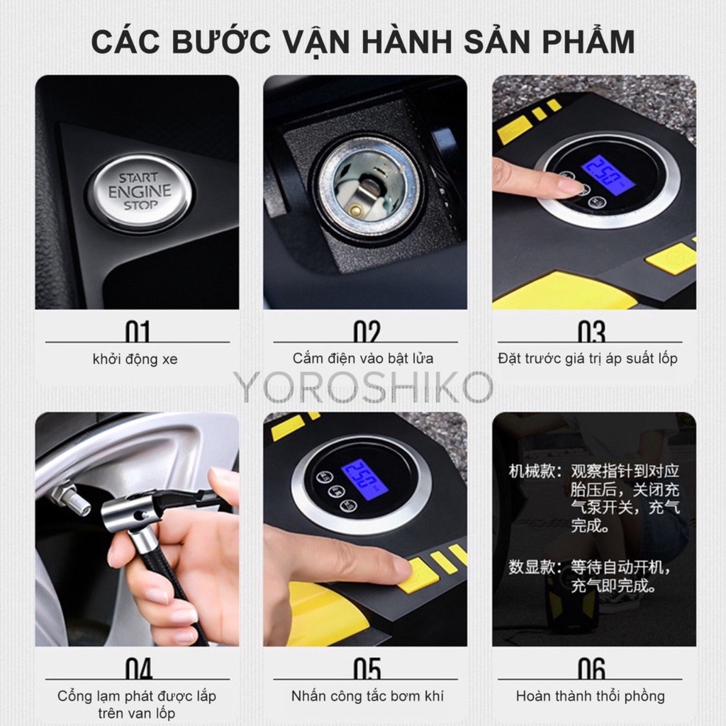 Bơm lốp xe ô tô mini Yoroshiko điện tử Tự Ngắt hàng chính hãng Siêu Hot