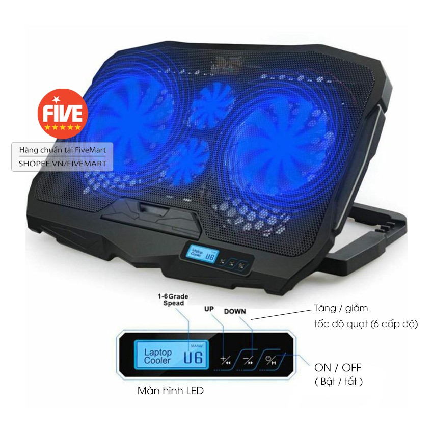 Đế Tản Nhiệt Laptop C&ocirc;ng Suất Cao Mạnh Mẽ &Ecirc;m Du M&agrave;n H&igrave;nh LED Điều Khiển 6 Cấp Độ