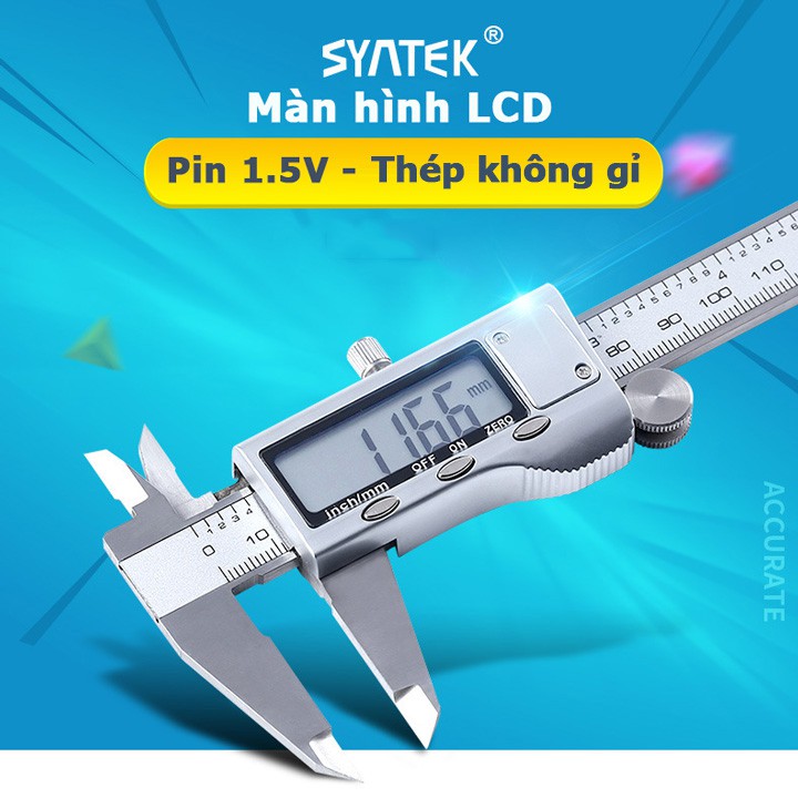 Thước kẹp điện tử 150mm th&eacute;p hợp kim kh&ocirc;ng rỉ m&agrave;n h&igrave;nh LCD Syntek