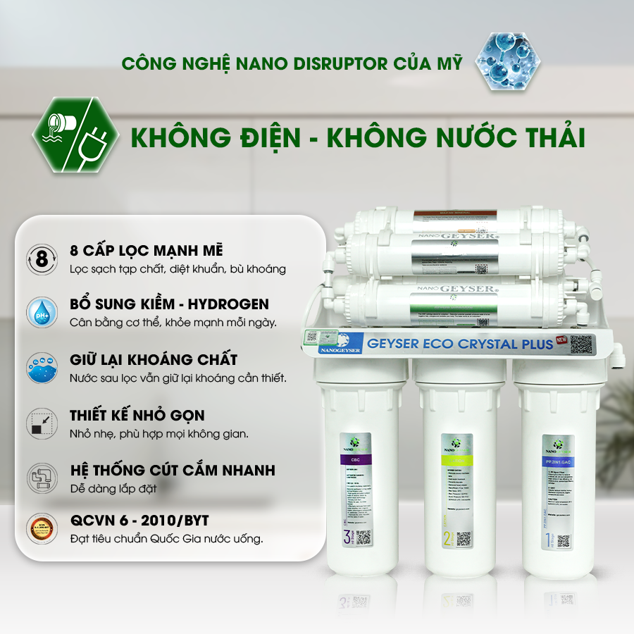 M&aacute;y lọc nước Nano Geyser ECO CRYSTAL, C&ocirc;ng nghệ m&agrave;ng lọc Nano, Bảo h&agrave;nh 5 năm Hot