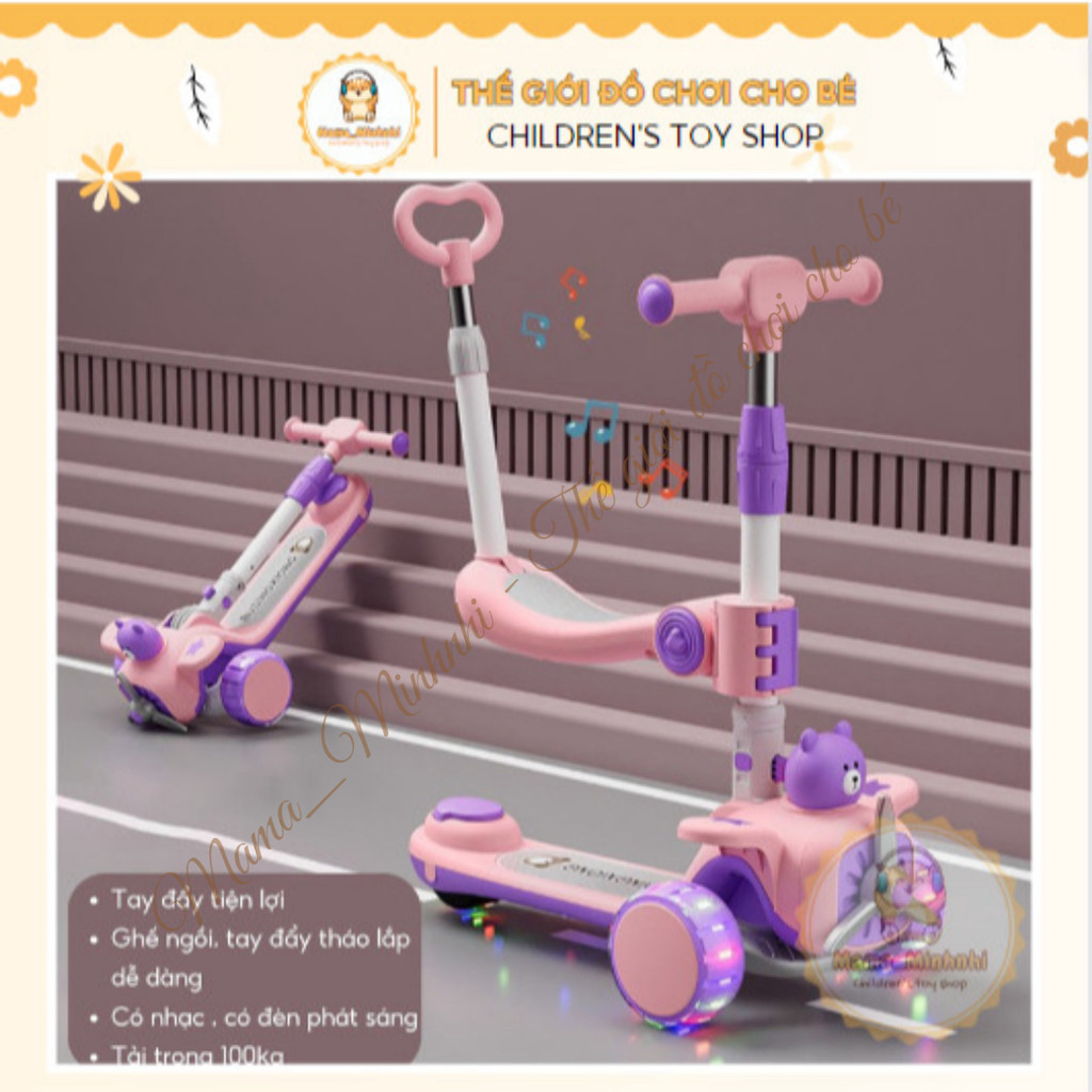 Xe scooter cho b&eacute; trượt v&agrave; ch&ograve;i ch&acirc;n trẻ em c&oacute; ghế ngồi 3 in 1 gấp gọn c&oacute; nhạc đ&egrave;n HOT