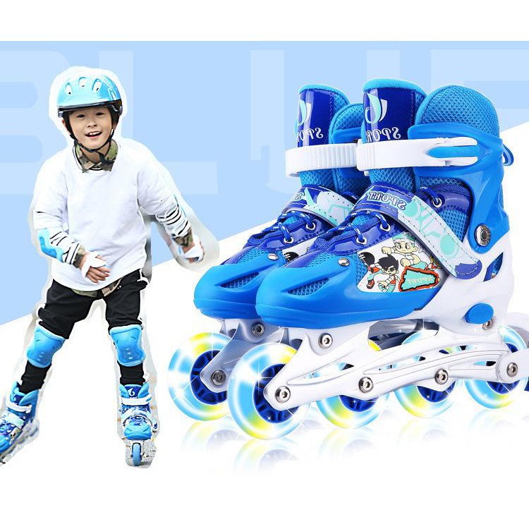 Giày patin trẻ em, người lớn bánh có đèn flash sports, tặng kèm bảo hộ tay và đầu gối