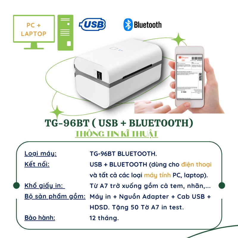 Máy in nhiệt TG-96BT (Khổ A7) kết nối Bluetooth In Đơn Hàng bằng Điện Thoại, sàn TMĐT, Tem, Mã Vạch,