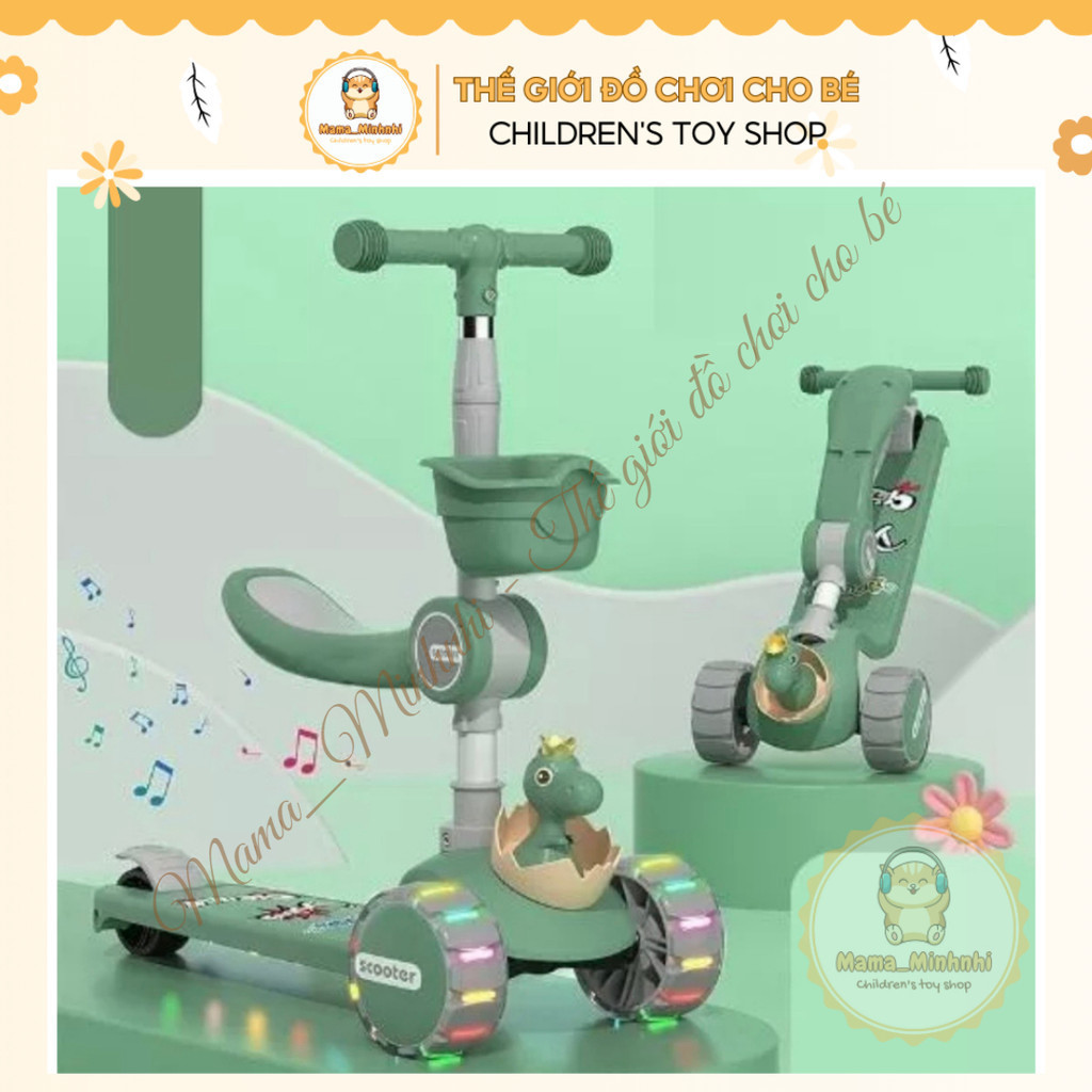 Xe scooter cho b&eacute; trượt v&agrave; ch&ograve;i ch&acirc;n trẻ em c&oacute; ghế ngồi 3 in 1 gấp gọn c&oacute; nhạc đ&egrave;n HOT