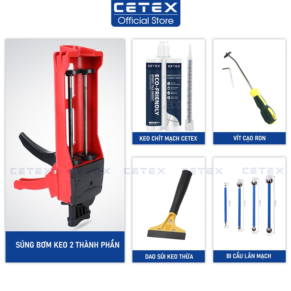 Combo keo ch&iacute;t mạch gạch, keo ch&agrave; ron 2 th&agrave;nh phần Cetex v&agrave; bộ dụng cụ thi c&ocirc;ng chống thấm
