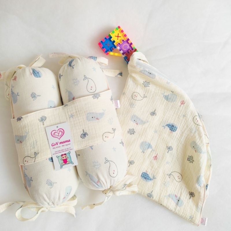 S&eacute;t vỏ gối chống tr&agrave;o v&agrave; vỏ gối chặn chống giật m&igrave;nh cho b&eacute;, vải x&ocirc; muslin đẹp loại 1 Hot