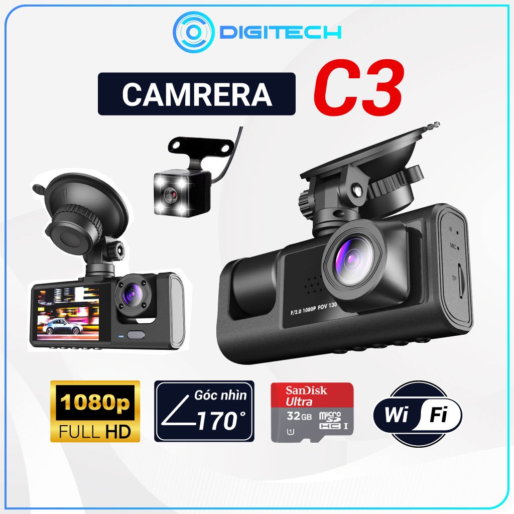 Camera h&agrave;nh tr&igrave;nh &ocirc; t&ocirc; C3, quay trước trong v&agrave; sau xe, t&iacute;ch hợp wifi cảm biến, va chạm chống rung, tặng thẻ nhớ 32G Hot