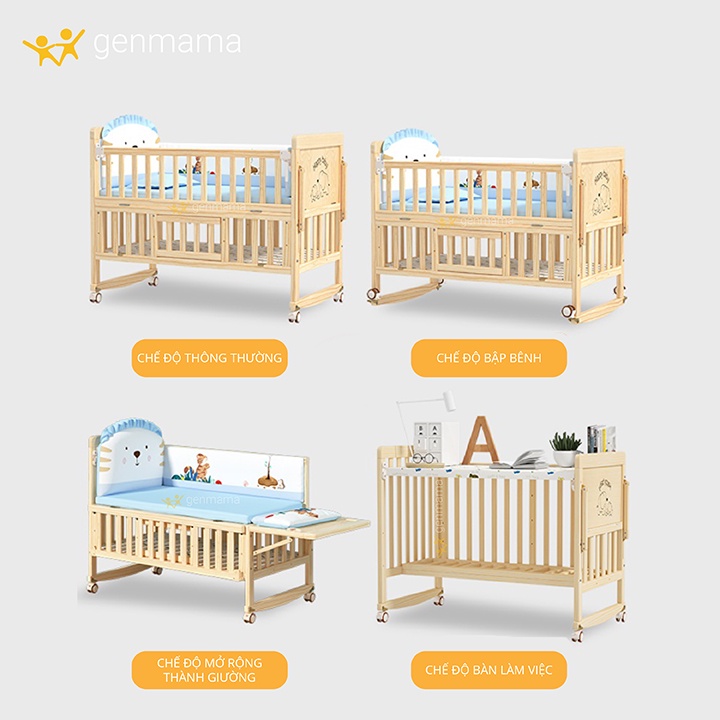 Cũi n&ocirc;i gỗ trẻ em 2 tầng đa năng GENMAMA , n&ocirc;i cũi cho b&eacute; th&ocirc;ng minh 6 chế độ (bảo h&agrave;nh 24 th&aacute;ng) c&oacute; b&aacute;nh xe Hot