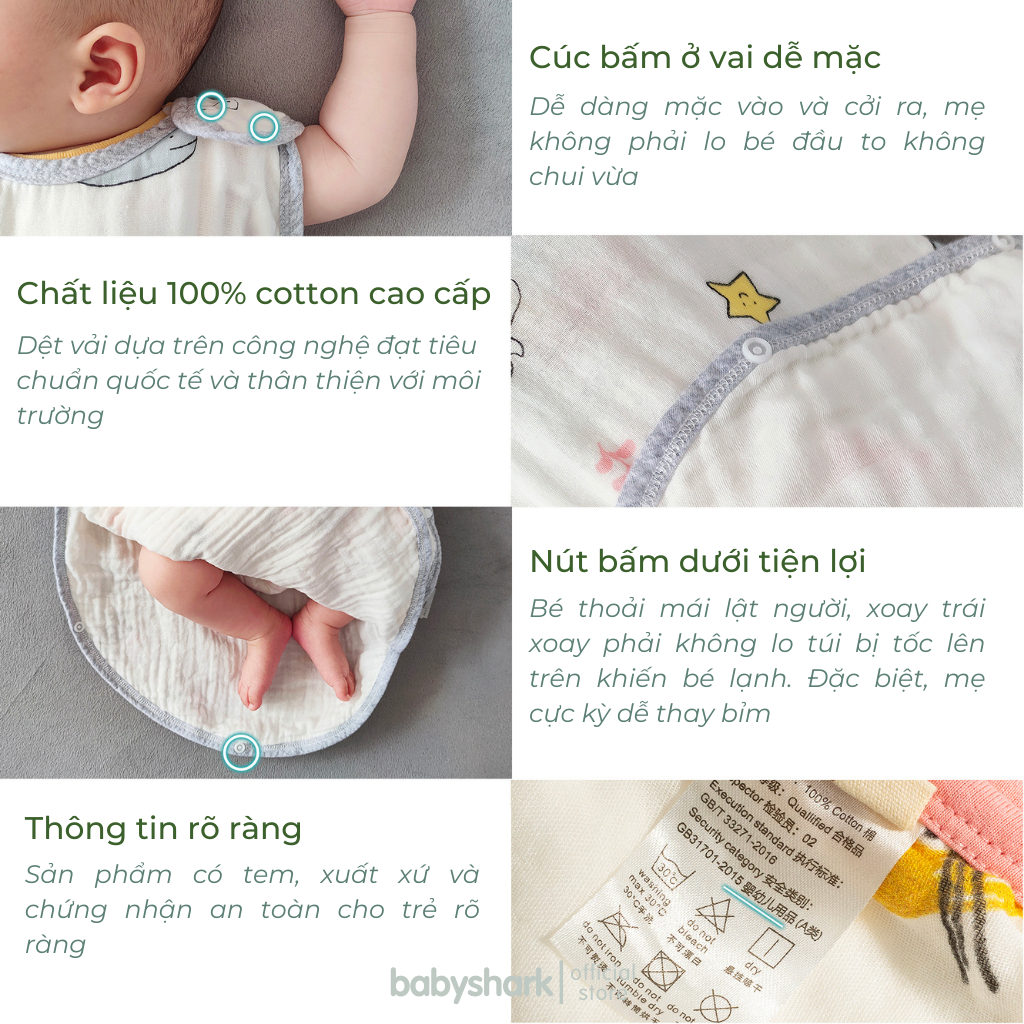 T&uacute;i ngủ cho b&eacute; Babyshark 100% cotton 4 đến 6 lớp t&ugrave;y chọn, tho&aacute;ng kh&iacute; mềm mại v&agrave; an to&agrave;n với trẻ nhỏ Hot