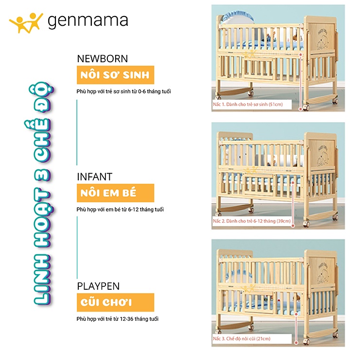 Cũi n&ocirc;i gỗ trẻ em 2 tầng đa năng GENMAMA , n&ocirc;i cũi cho b&eacute; th&ocirc;ng minh 6 chế độ (bảo h&agrave;nh 24 th&aacute;ng) c&oacute; b&aacute;nh xe Hot