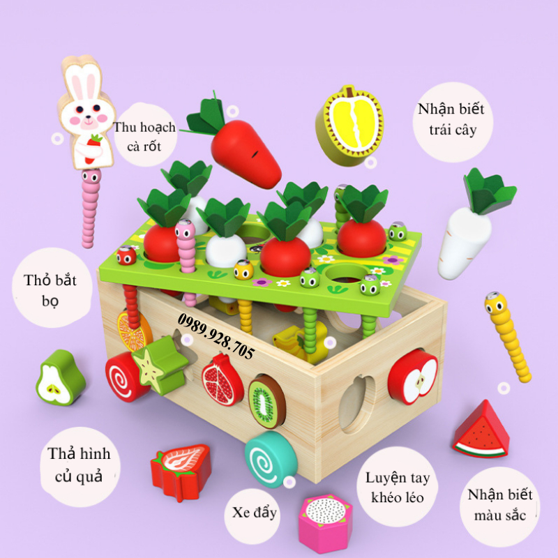 Đồ Chơi Thả H&igrave;nh Khối Bằng Gỗ Đồ Chơi Th&ocirc;ng Minh C&oacute; Xe K&eacute;o, Thả H&igrave;nh Nhổ C&agrave; Rốt Gi&aacute;o Cụ