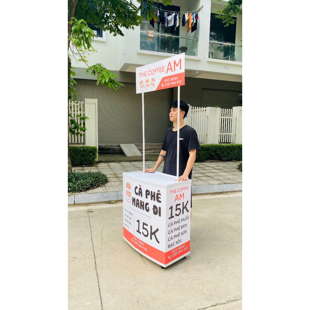 Booth Sampling, Quầy b&aacute;n h&agrave;ng di động bằng nhựa c&oacute; b&aacute;nh xe, quầy Cafe Takeaway, booth nhưa gấp gọn c&oacute; b&aacute;nh xe dụng Hot