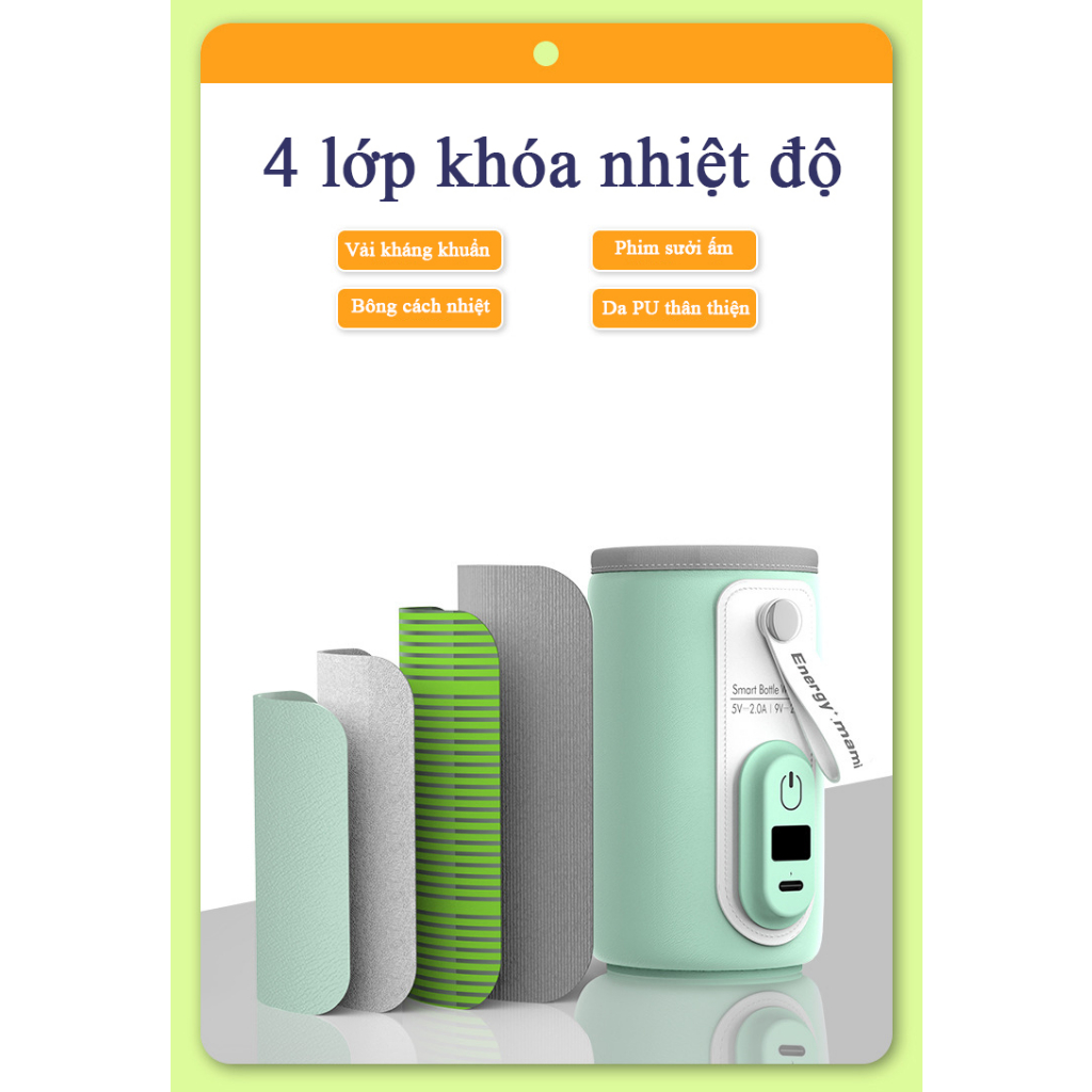 M&aacute;y h&acirc;m sữa cầm tay điều chỉnh 6 mức nhiệt, T&uacute;i ủ sữa di động giữ nhiệt 24 giờ c&oacute; cổng sạc USB Hot