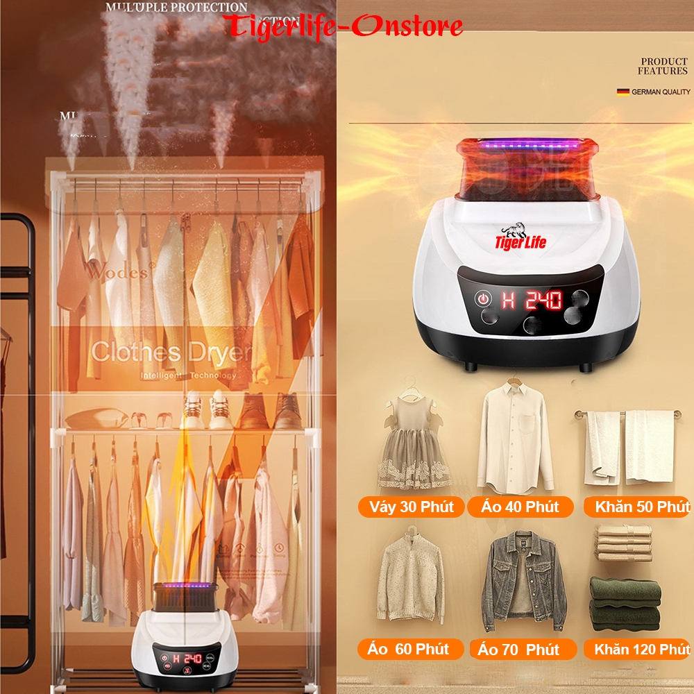 Tủ Sấy Quần &Aacute;o Tigerlife SQ2883 C&ocirc;ng Suất Lớn 1500W-1800W Sấy 25kg ION Khử Khuẩn Gấp gọn Di chuyển đễ d&agrave;ng