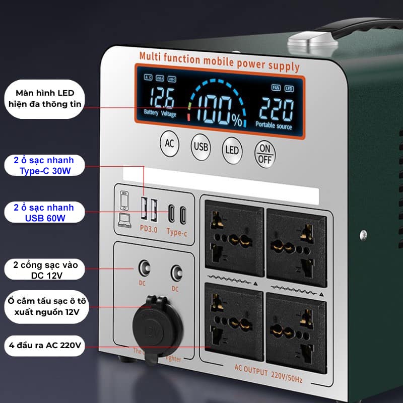 Trạm Ph&aacute;t Điện 220V - Trạm Sạc Dự Ph&ograve;ng C&ocirc;ng Suất Lớn - Lưu Điện - T&iacute;ch Điện - Di Động (c&oacute; thể sạc năng lượng mặt trời)