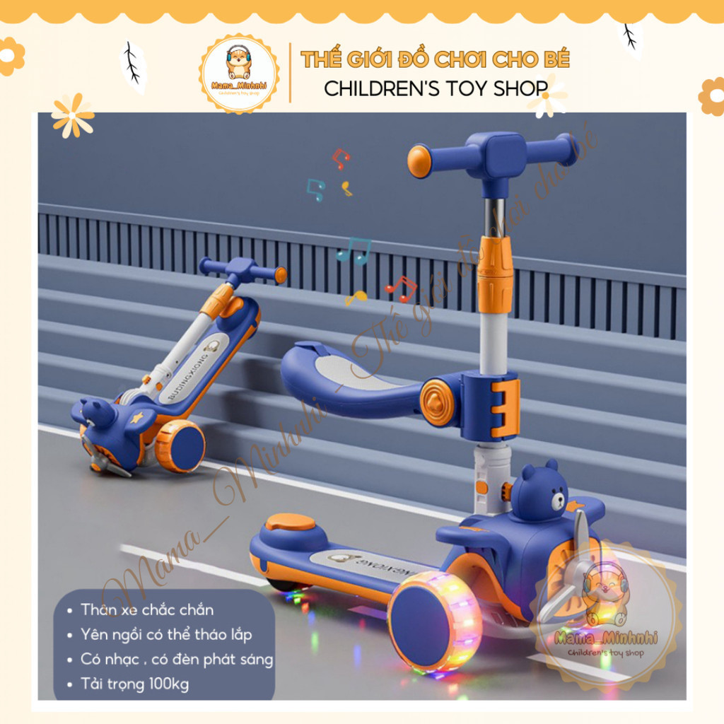 Xe scooter cho b&eacute; trượt v&agrave; ch&ograve;i ch&acirc;n trẻ em c&oacute; ghế ngồi 3 in 1 gấp gọn c&oacute; nhạc đ&egrave;n HOT