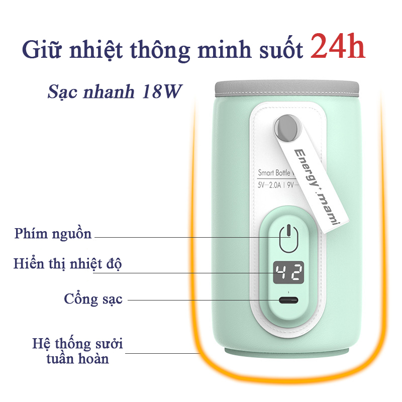 M&aacute;y h&acirc;m sữa cầm tay điều chỉnh 6 mức nhiệt, T&uacute;i ủ sữa di động giữ nhiệt 24 giờ c&oacute; cổng sạc USB Hot