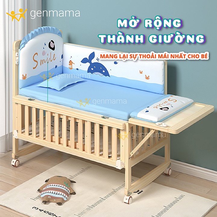 Cũi n&ocirc;i gỗ trẻ em 2 tầng đa năng GENMAMA , n&ocirc;i cũi cho b&eacute; th&ocirc;ng minh 6 chế độ (bảo h&agrave;nh 24 th&aacute;ng) c&oacute; b&aacute;nh xe Hot