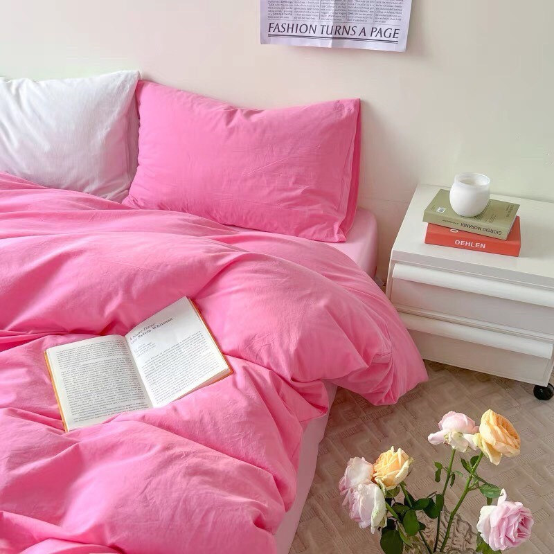 Bộ 4 m&oacute;n ga gối tici t&iacute;m hồng m&aacute;t mẻ xinh xắn pastel Hot