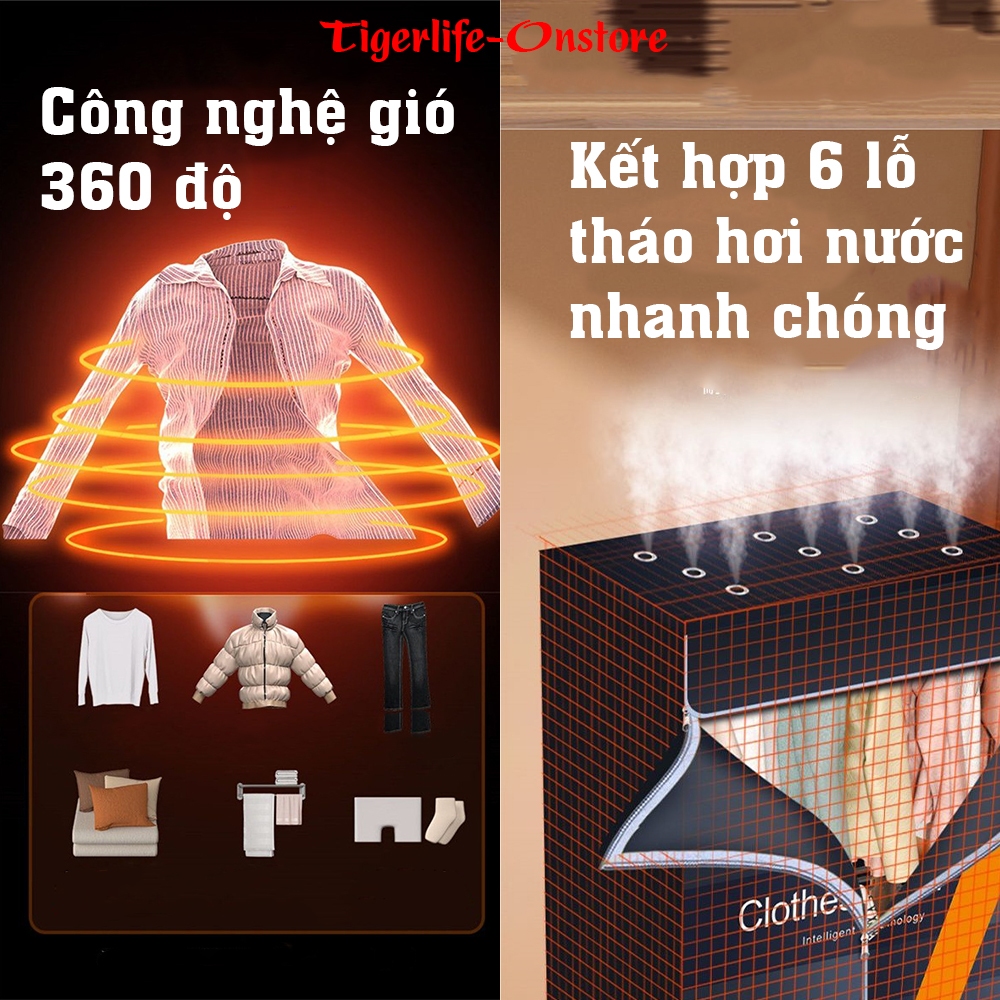 Tủ Sấy Quần &Aacute;o Tigerlife SQ2883 C&ocirc;ng Suất Lớn 1500W-1800W Sấy 25kg ION Khử Khuẩn Gấp gọn Di chuyển đễ d&agrave;ng