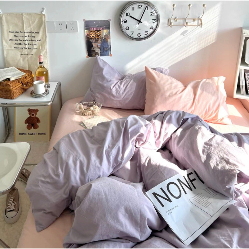 Bộ 4 m&oacute;n ga gối tici t&iacute;m hồng m&aacute;t mẻ xinh xắn pastel Hot