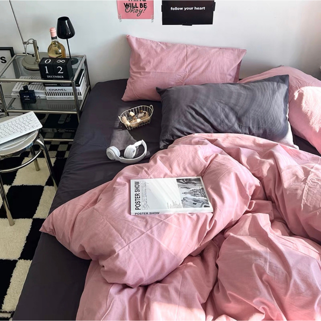 Bộ 4 m&oacute;n ga gối tici t&iacute;m hồng m&aacute;t mẻ xinh xắn pastel Hot