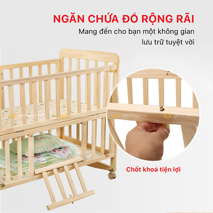 Cũi n&ocirc;i gỗ trẻ em 2 tầng đa năng GENMAMA , n&ocirc;i cũi cho b&eacute; th&ocirc;ng minh 6 chế độ (bảo h&agrave;nh 24 th&aacute;ng) c&oacute; b&aacute;nh xe Hot