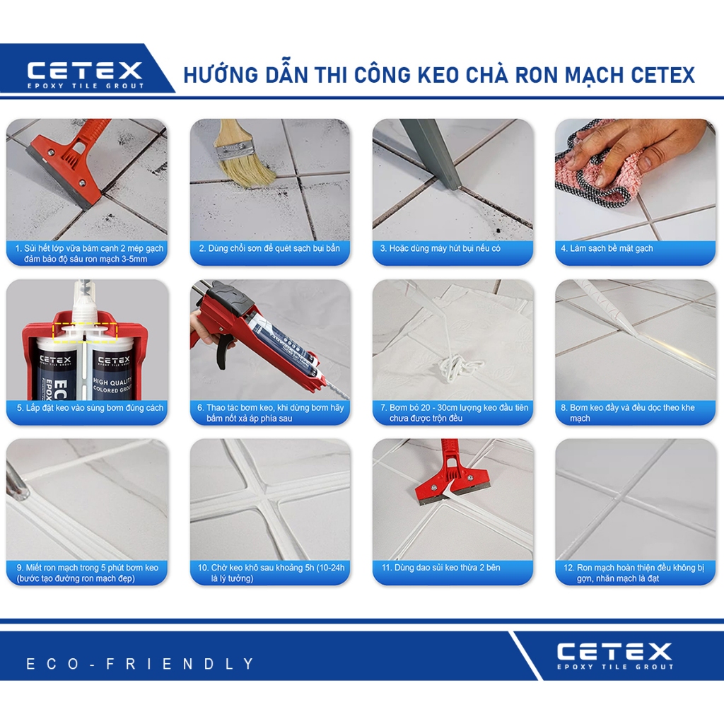 Combo keo ch&iacute;t mạch gạch, keo ch&agrave; ron 2 th&agrave;nh phần Cetex v&agrave; bộ dụng cụ thi c&ocirc;ng chống thấm
