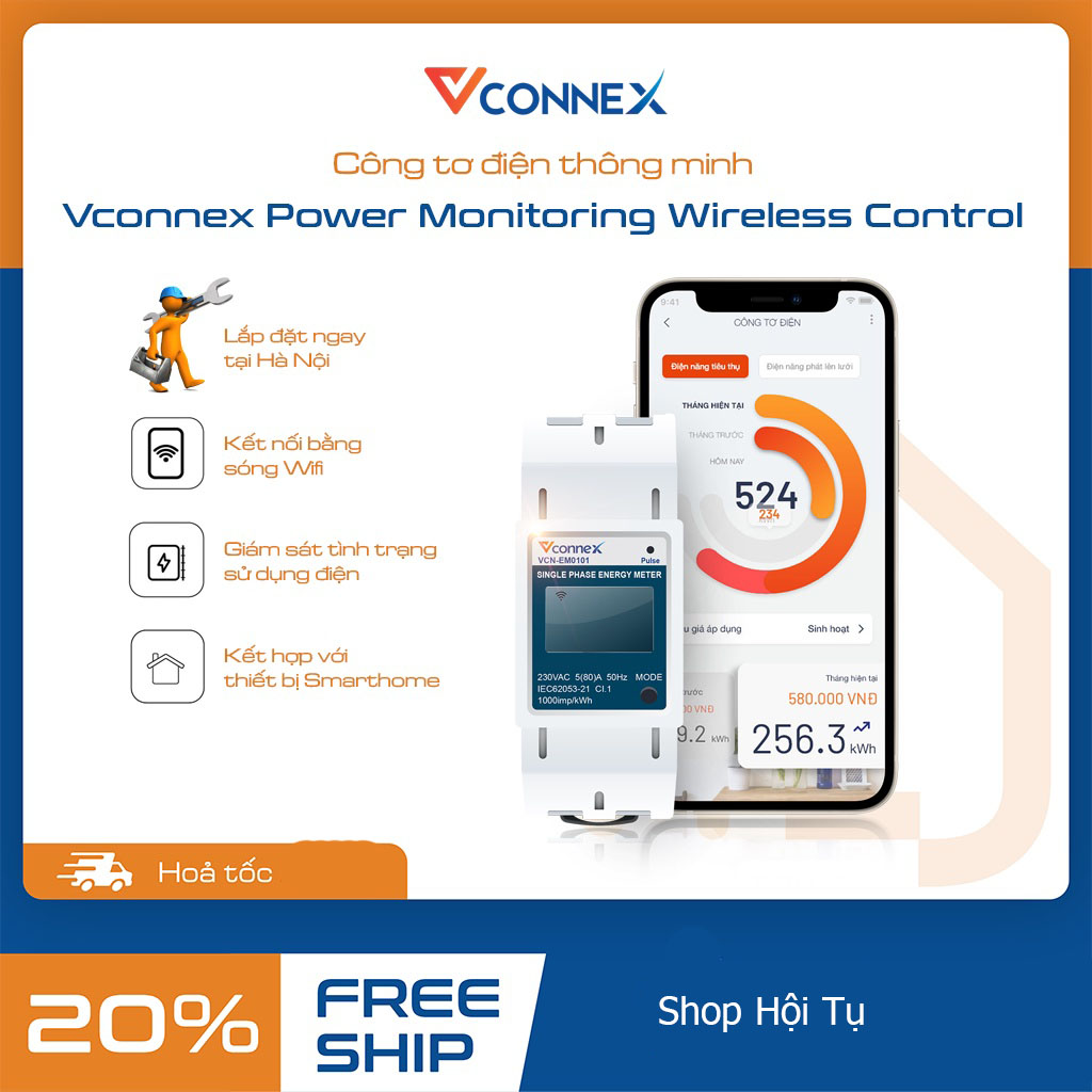 Công tơ điện tử Wifi thông minh Vconnex, kết nối app,có chứng chỉ đo lường Cao Cấp