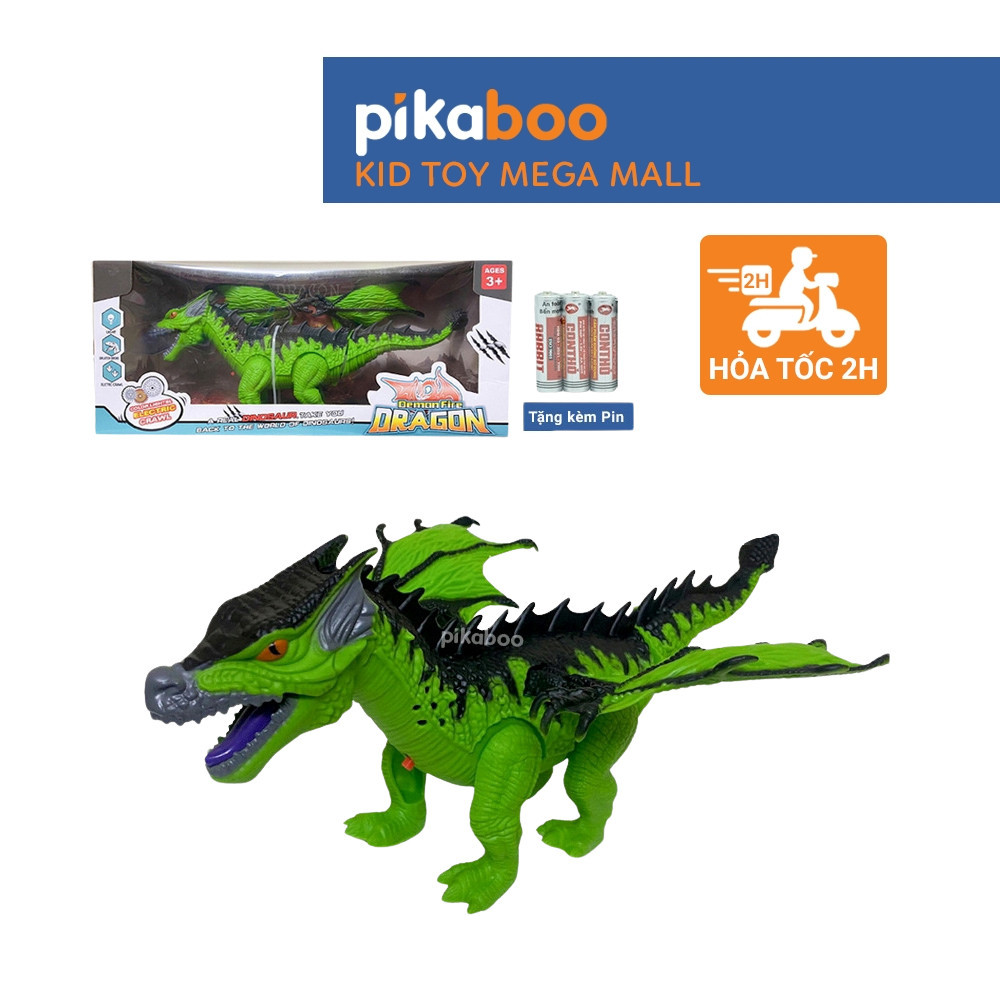 Đồ chơi mô hình rồng phun lửa cao cấp Pikaboo chân và đuôi di chuyển có đèn và âm thanh chất liệu nhựa an toàn Hot