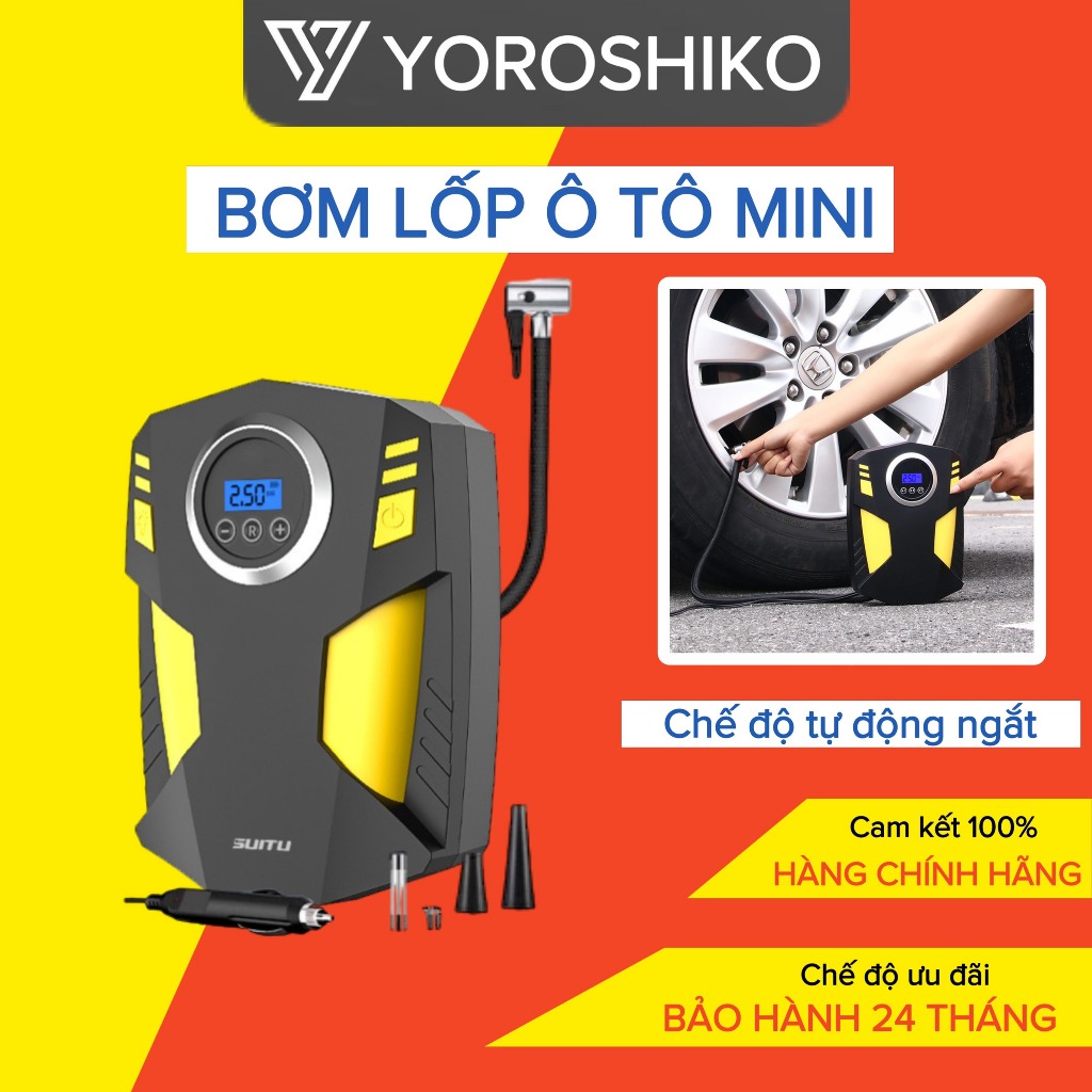 Bơm lốp xe ô tô mini Yoroshiko điện tử Tự Ngắt hàng chính hãng Siêu Hot