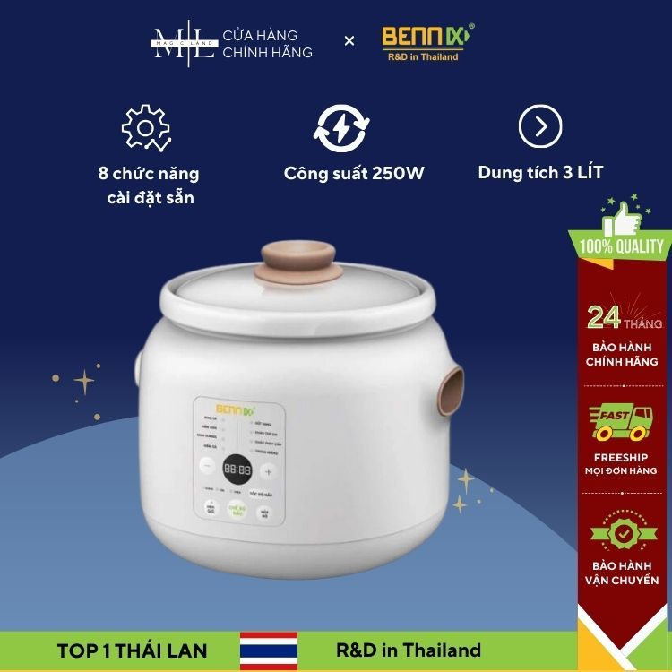 Nồi Nấu Chậm Thố Sứ Bennix BN-30SLC, Điều Khiển Điện Tử, 8 Chức Năng Nấu, Dung Tích 3L Cao Cấp